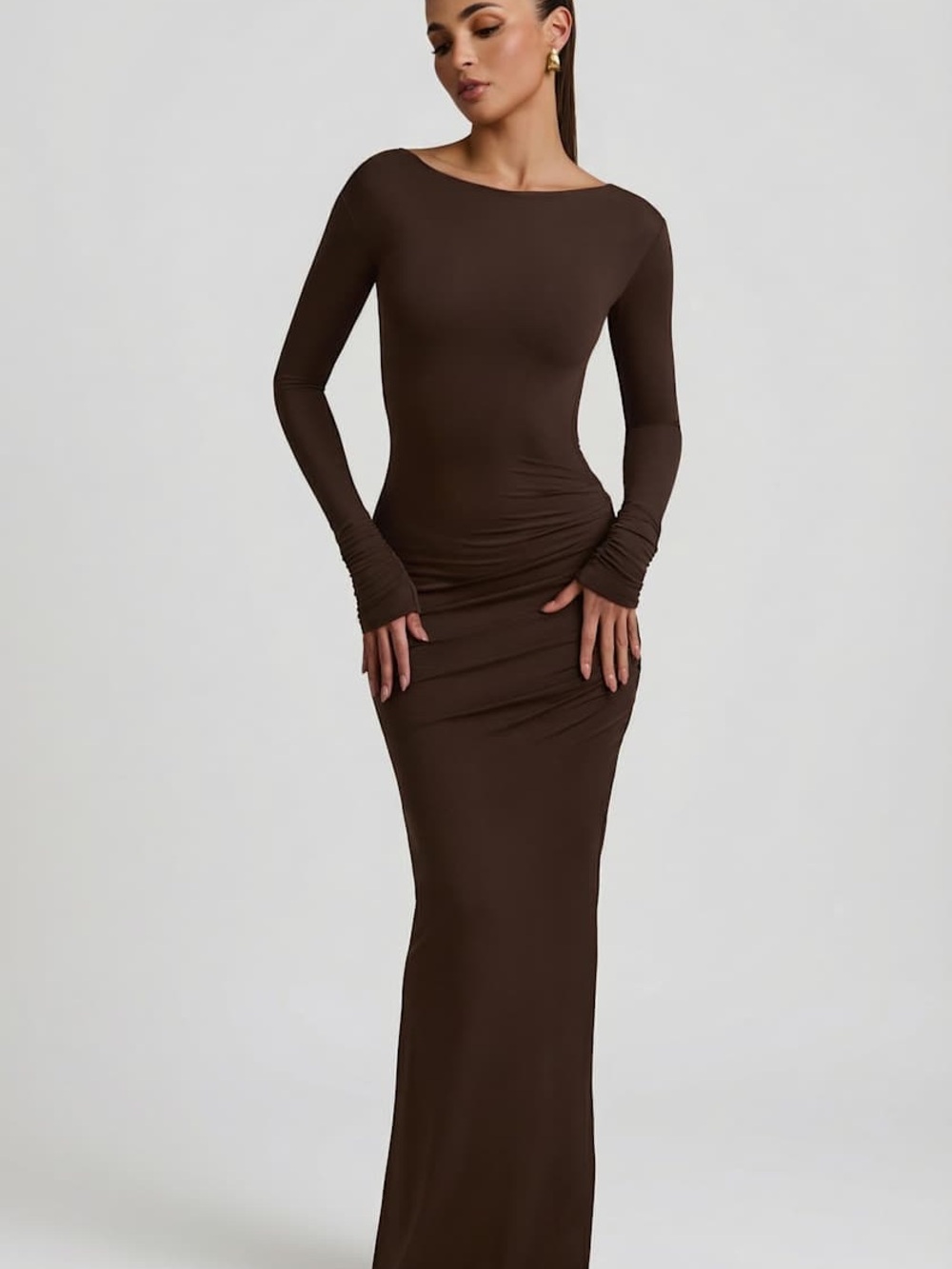 Oh Polly Regine Chocolate Brown Long Sleeve Maxi Dress